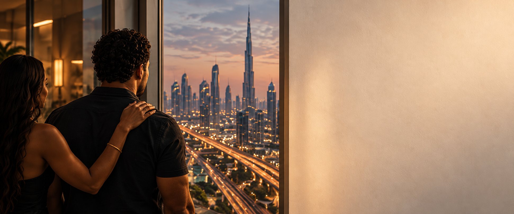 A couple seen from behind at a window above a lit city at dusk, her hand on his shoulder.