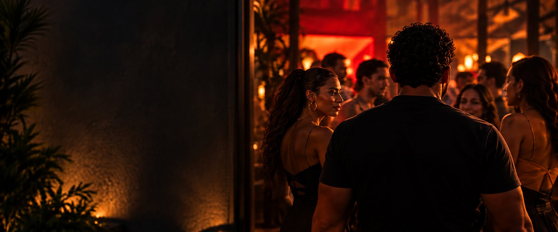 A man seen from behind stands at the edge of a crowded, red-lit nightclub, a woman beside him glancing back.