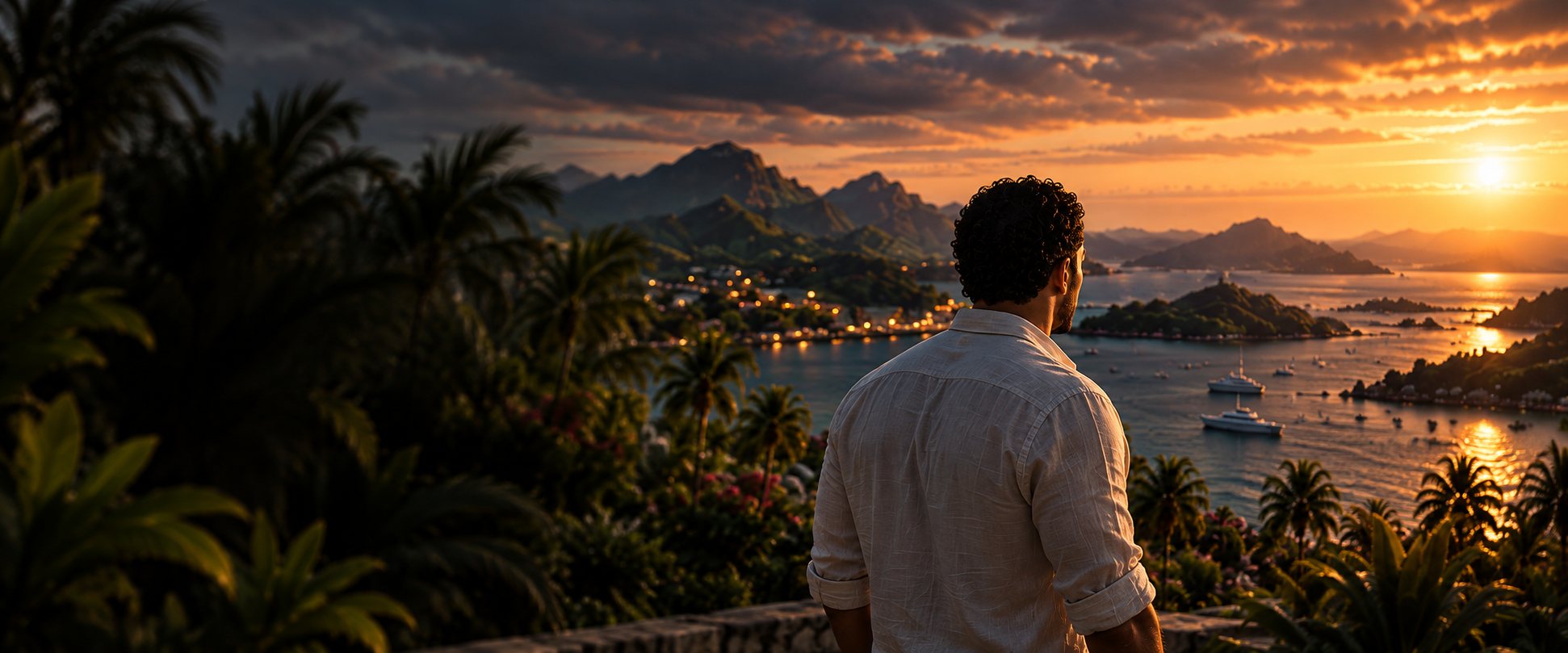 A man in a linen shirt, seen from behind, looks out over a harbour and islands at sunset.