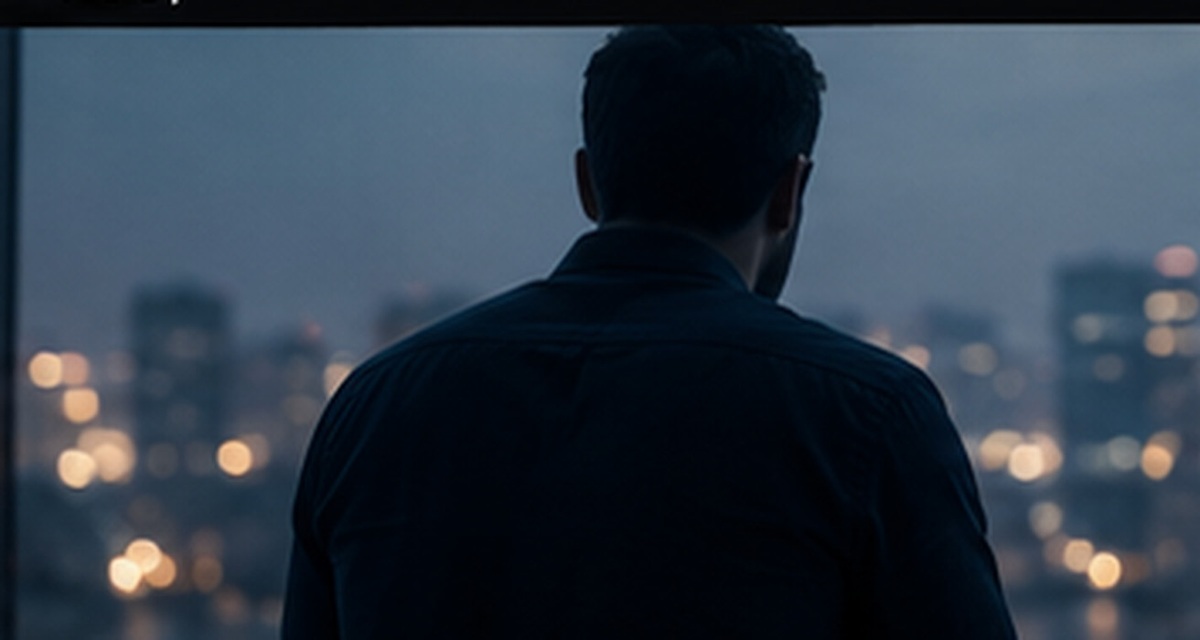 A professional looking across a city at dusk