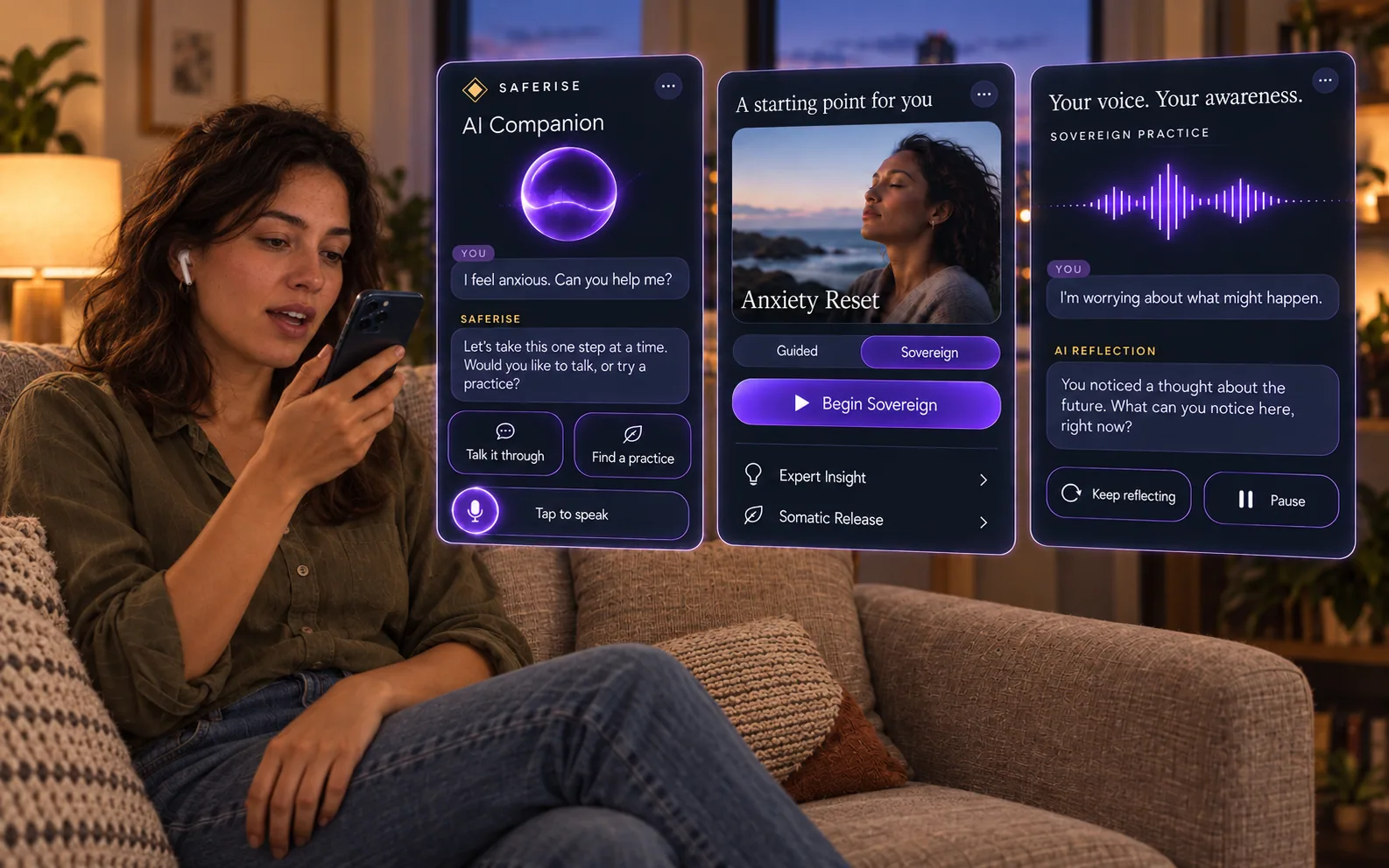 A woman on her sofa speaks into her phone wearing an AirPod. Three panels beside her show the AI Companion answering, Anxiety Reset offered as a starting point, and a Sovereign practice reflecting her own words back to her.