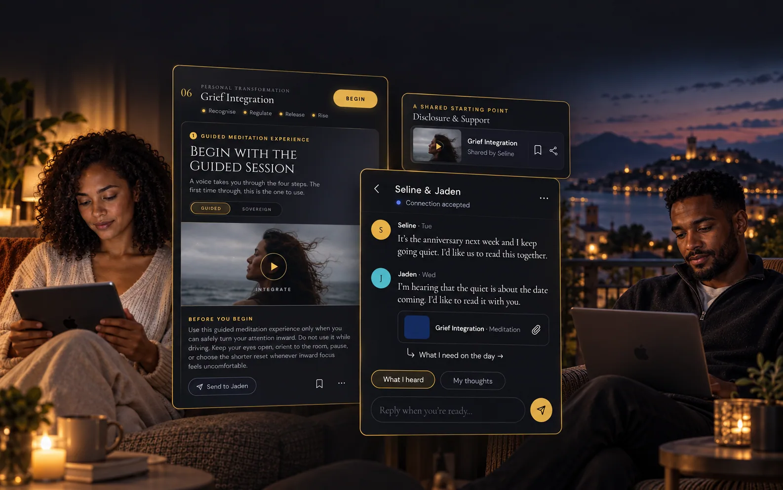 Seline uses an iPad and Jaden a laptop in separate locations. Layered screens show the Grief Integration protocol, a shared resource, and Seline and Jaden’s reflective chat with an accepted connection. Clear space above is reserved for a heading.
