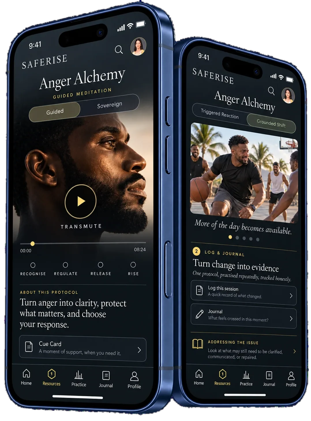 Two Deep Blue iPhone 17 Pro concept mockups showing Anger Alchemy guided practice and Grounded Shift with basketball imagery, journal and session log