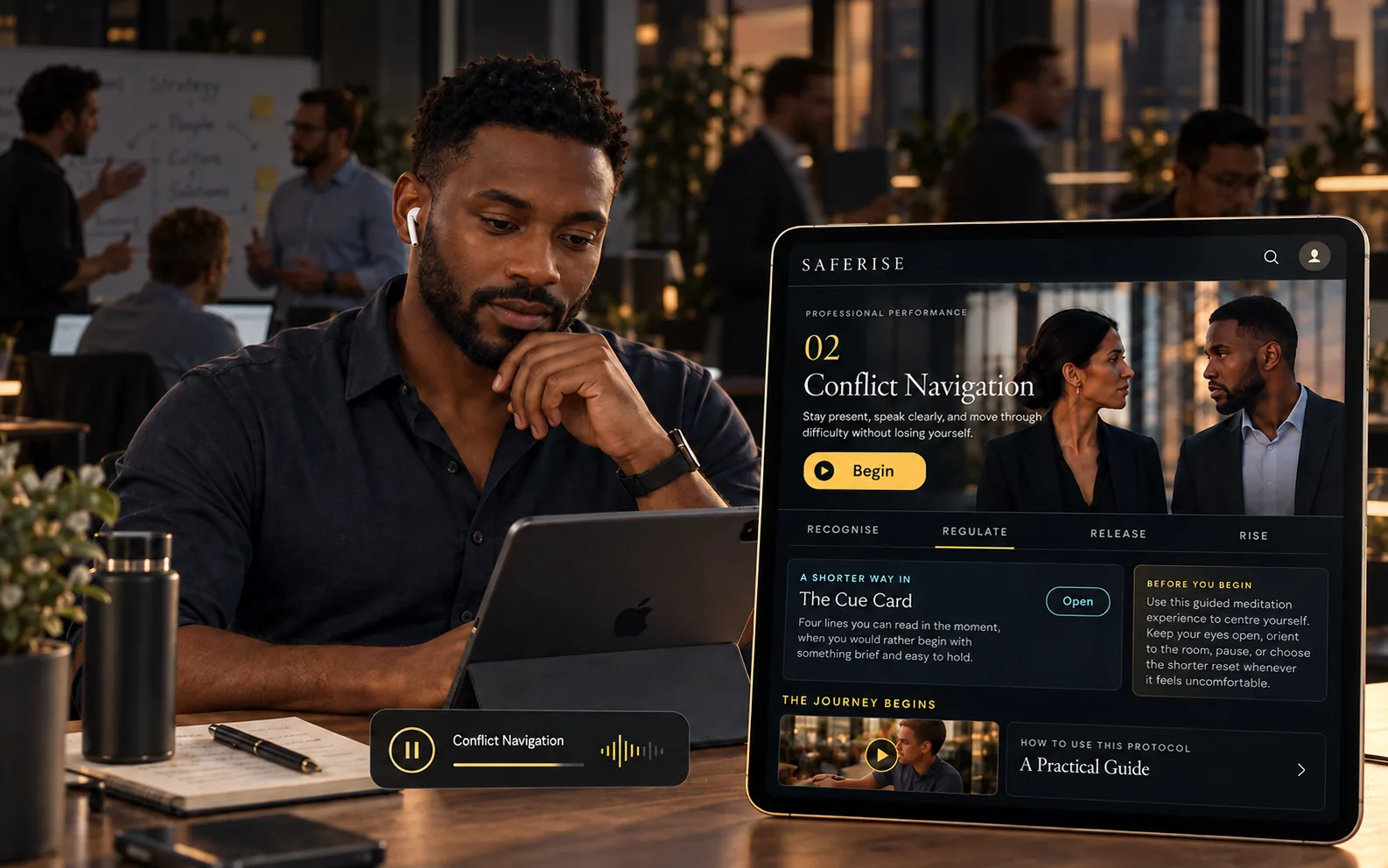 A man wearing an AirPod uses Conflict Navigation on his iPad in a busy office with male colleagues. An enlarged protocol interface shows the practice and Cue Card.
