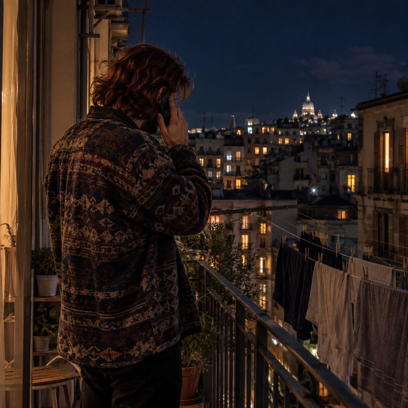 Seen from behind, a person on a balcony at night takes a phone call overlooking a lit city.