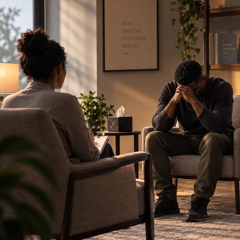 In a quiet consulting room, a clinician seen from behind listens to a man leaning forward with his head bowed into his hands.