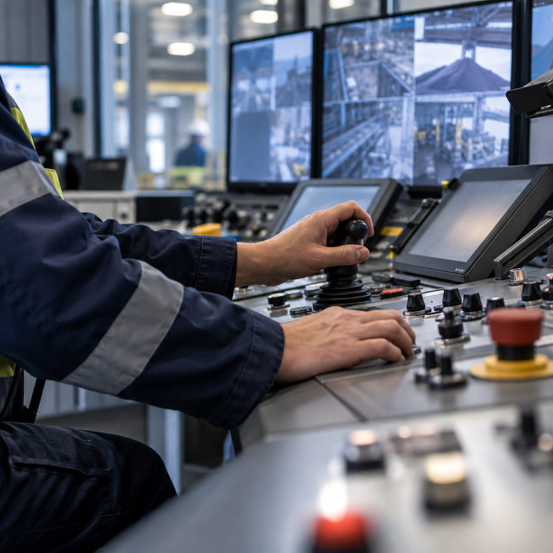 A hand on the controls of an industrial control room, monitor screens in the background.