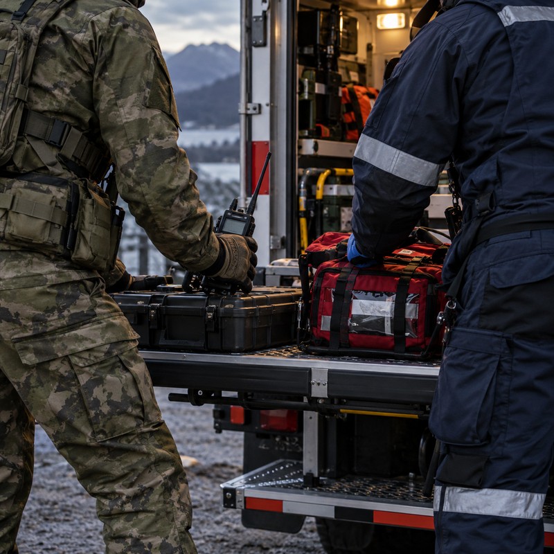A soldier and a paramedic in reflective uniform, both seen from behind the shoulder, prepare kit at the open back of a response vehicle at dusk.