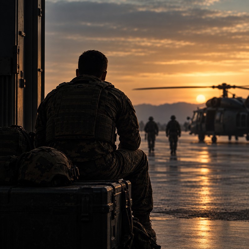 Seen from behind, a soldier sits on equipment cases at dusk, watching others walk towards a helicopter on the airfield.
