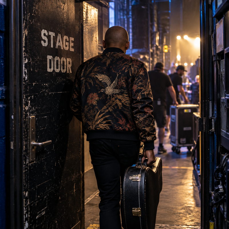 Seen from behind, a musician carrying an instrument case walks through a door marked Stage Door.