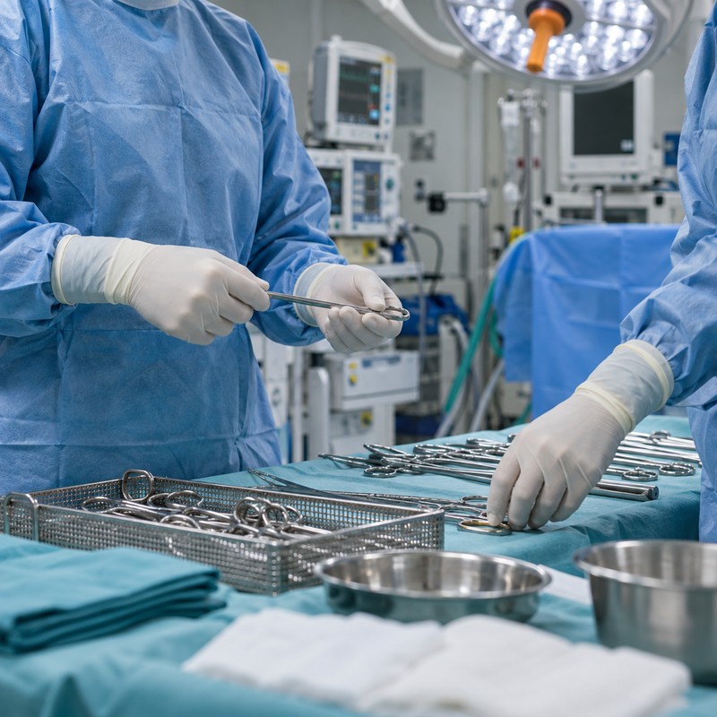 Gloved hands laying out surgical instruments on a draped table in an operating theatre.