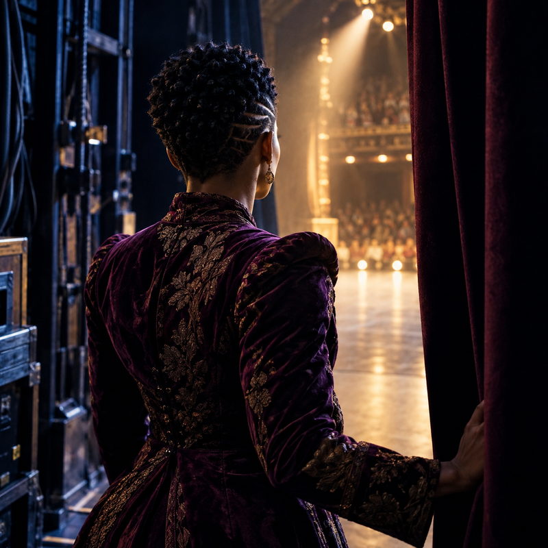 Seen from behind, a performer in an ornate costume holds back a stage curtain, looking out at a lit auditorium.