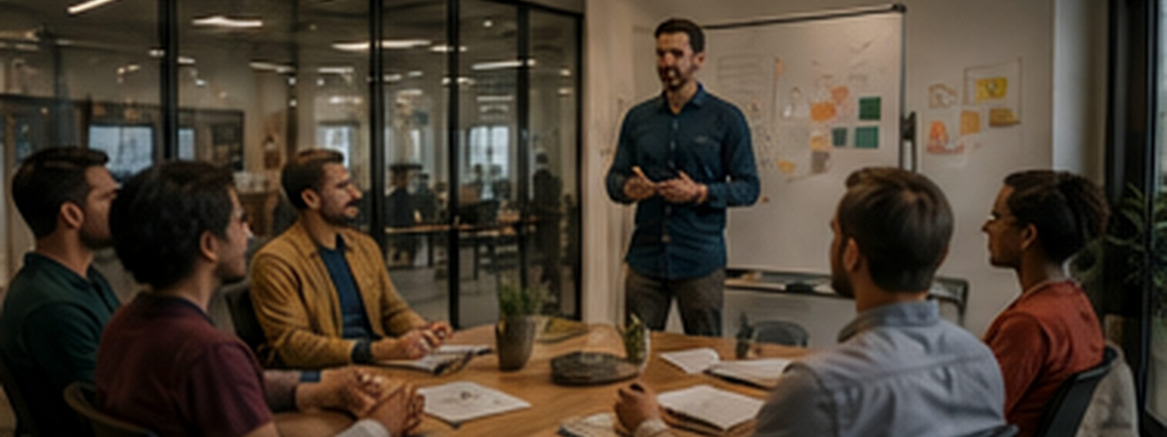 A man speaking to colleagues seated around a table in a glass-walled meeting room.