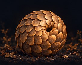 Fully curled into a closed ball of overlapping scales.
