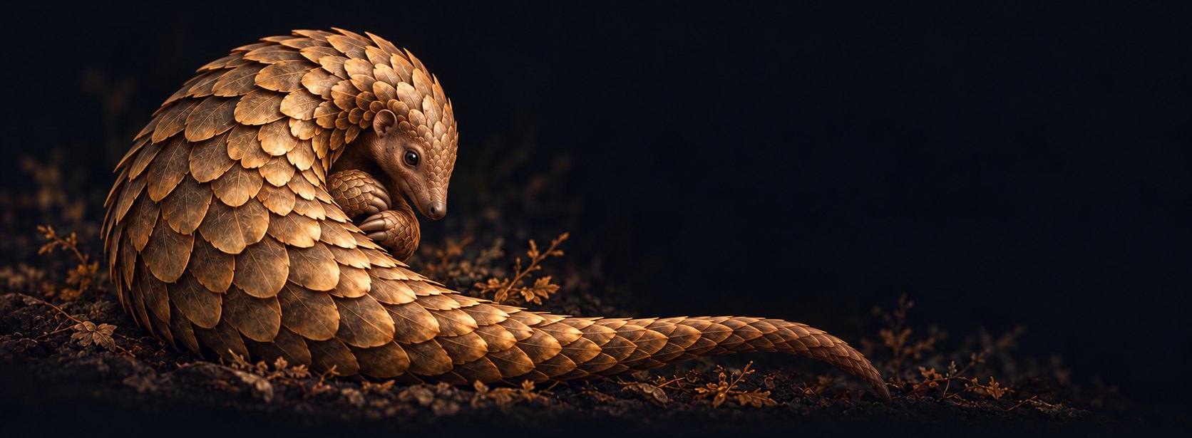 A pangolin, its body covered in overlapping golden scales, curled around itself on dark forest ground.