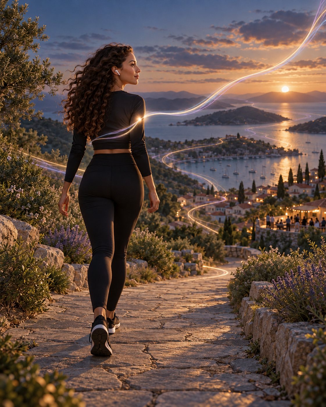 Seen from behind, a woman with earbuds walks a stone path above a harbour town at sunset, a ribbon of light flowing past her.