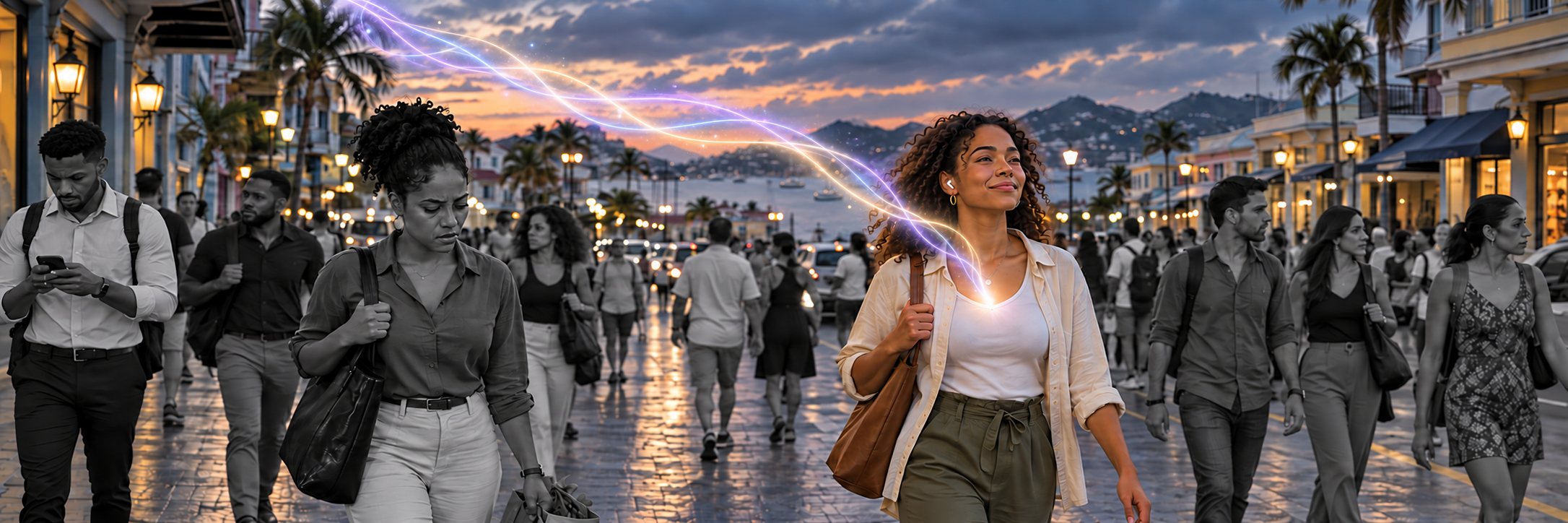 A woman in colour receives a flowing light spectrum from the sky to her heart while walking among grayscale people on a coastal street.