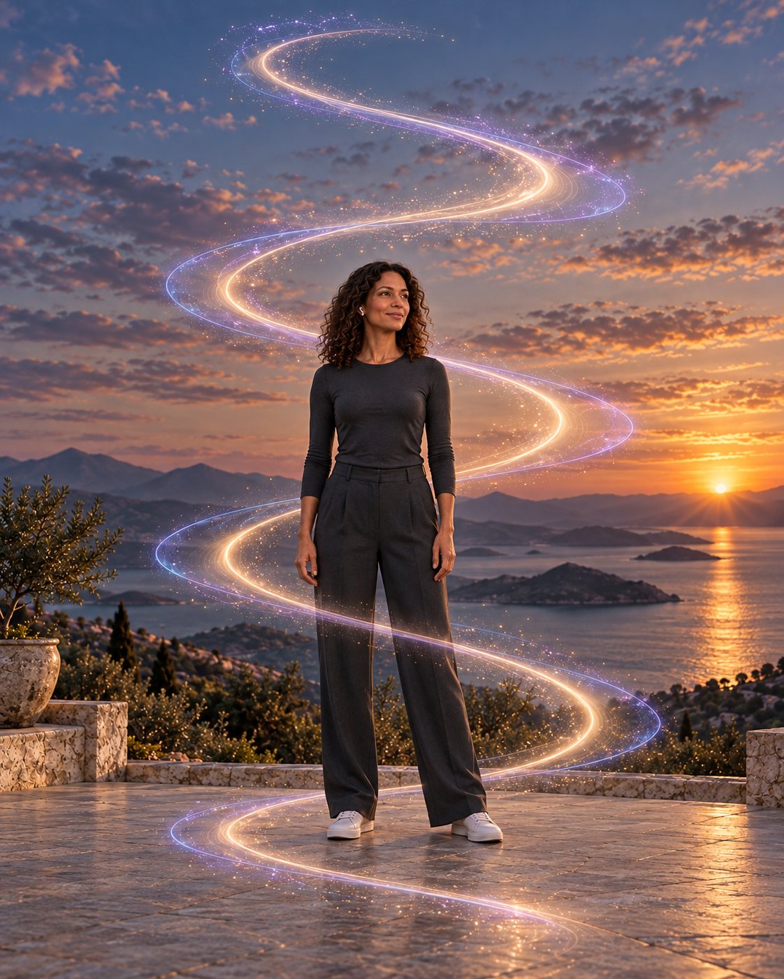 A woman stands on a stone terrace above the sea at sunset, a spiral of light rising around her from the ground to the sky.
