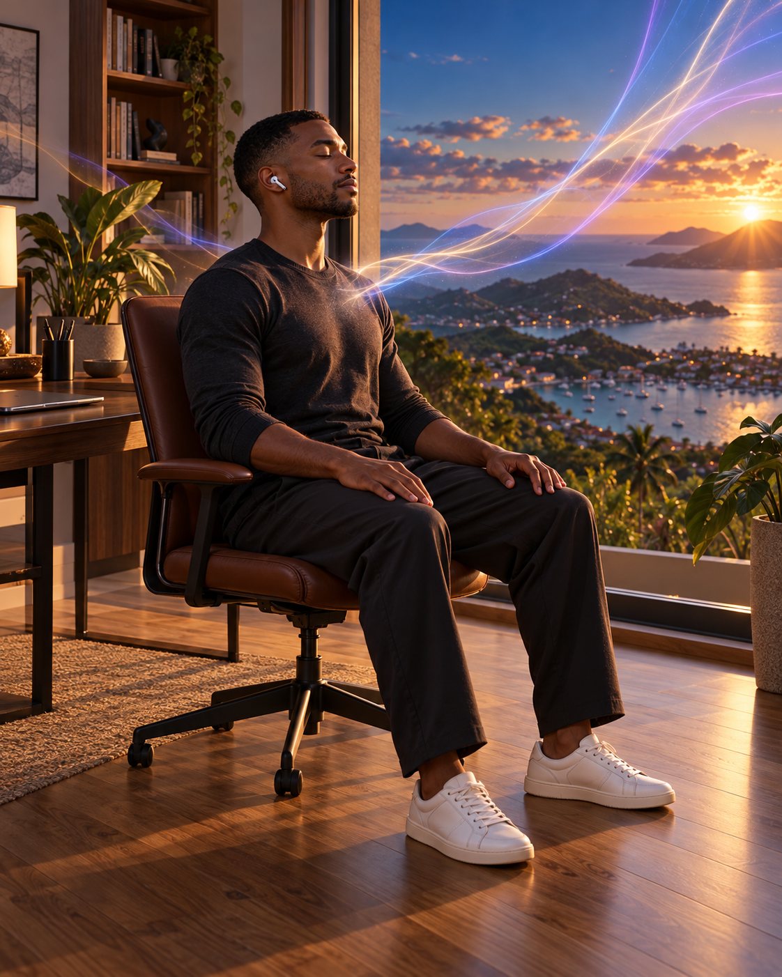 A man meditating with earbuds in his home office, with flowing light and a coastal sunset beyond the window.