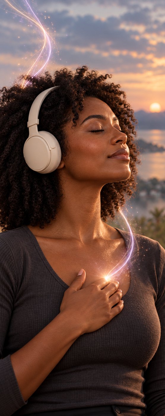 A woman at sunset with headphones on, eyes closed, a hand on her heart where a ribbon of light arrives.