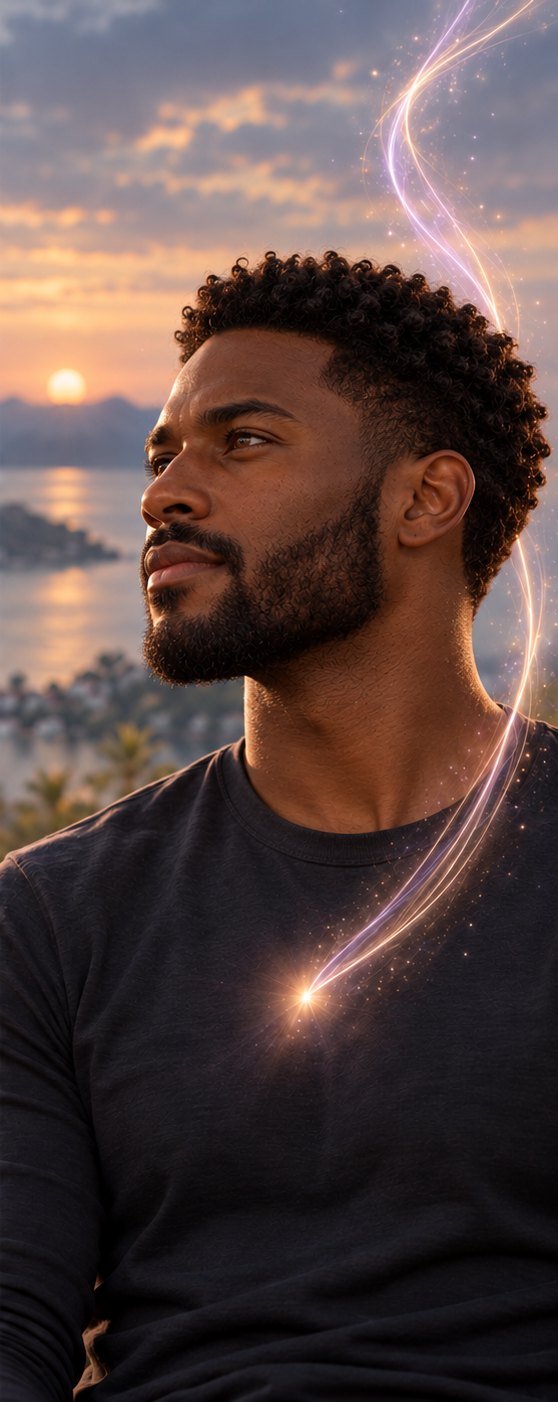 A man at sunset, eyes open, looking out over the water, a ribbon of light reaching his chest.