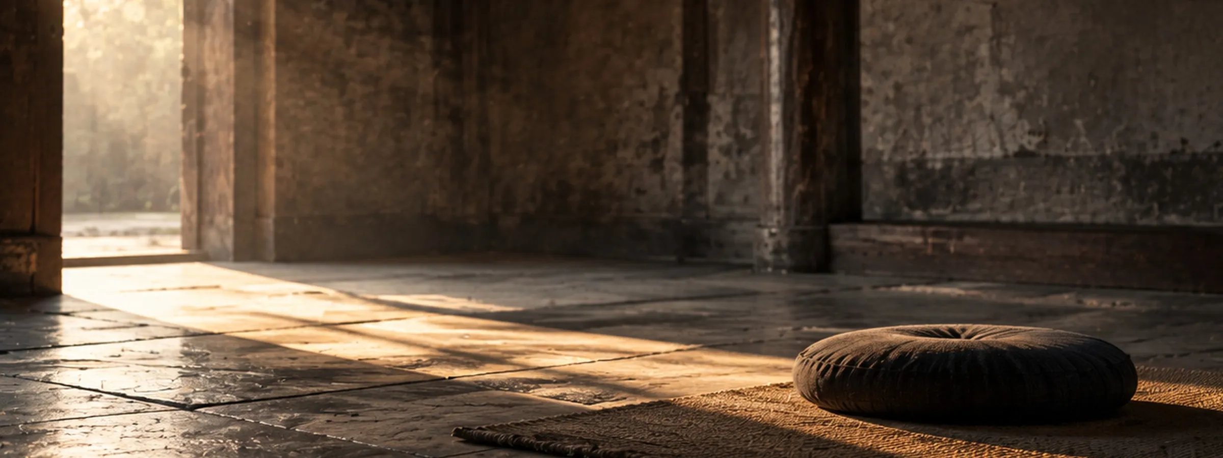 A meditation cushion in a quiet stone hall, with sunlight through a doorway.