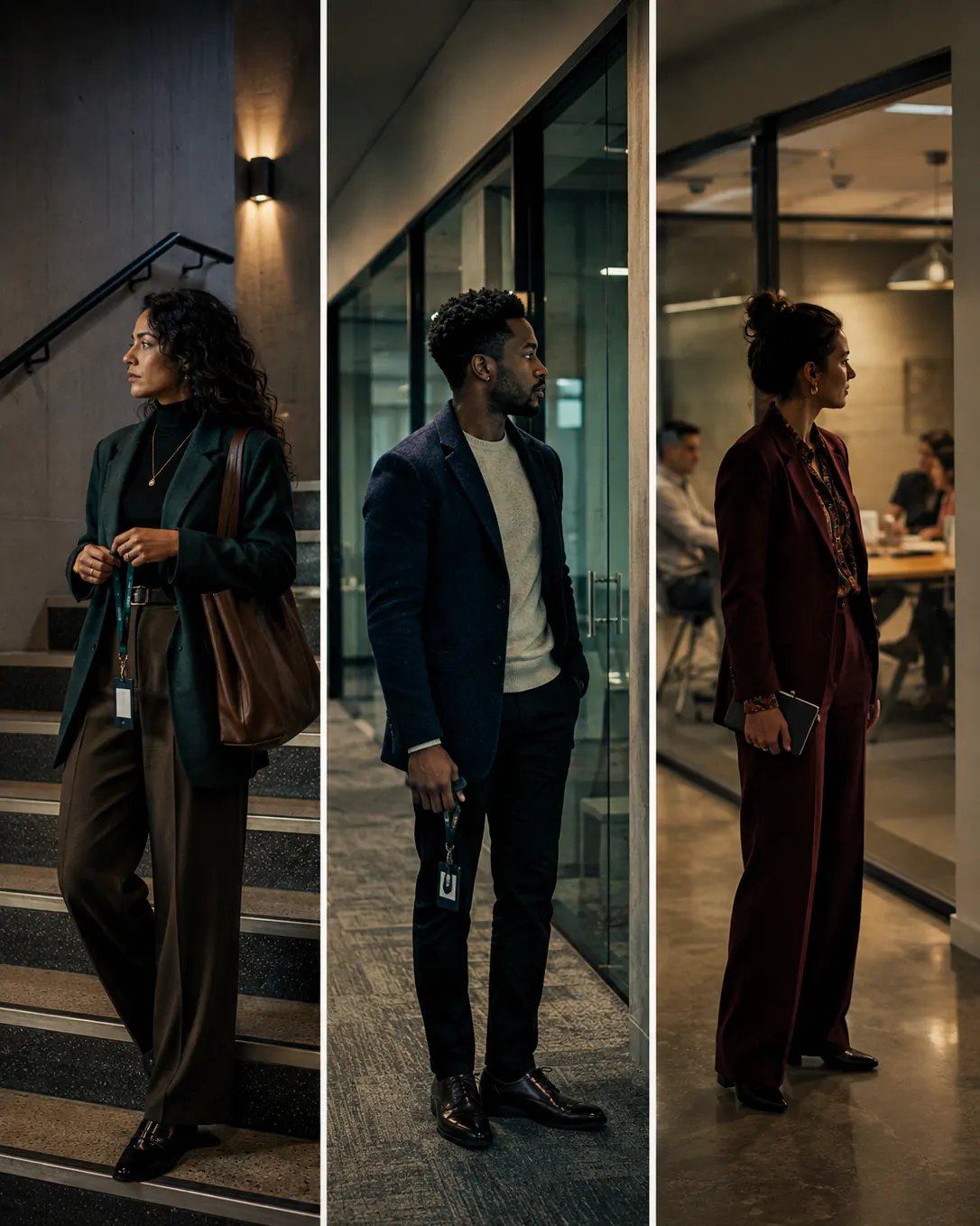 Three people in an office corridor, each paused on the way to a meeting: one on a staircase, one standing in the hall, one at the door of a meeting room