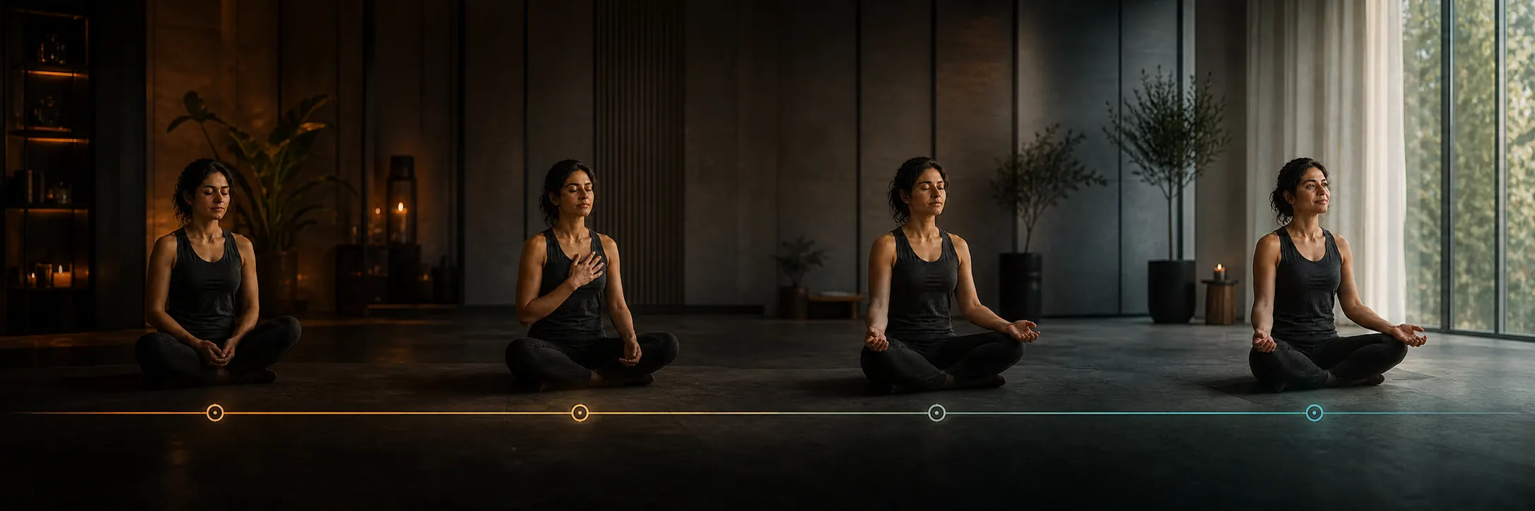 A woman moving through a spacious guided meditation journey from inward stillness to an open, grounded return