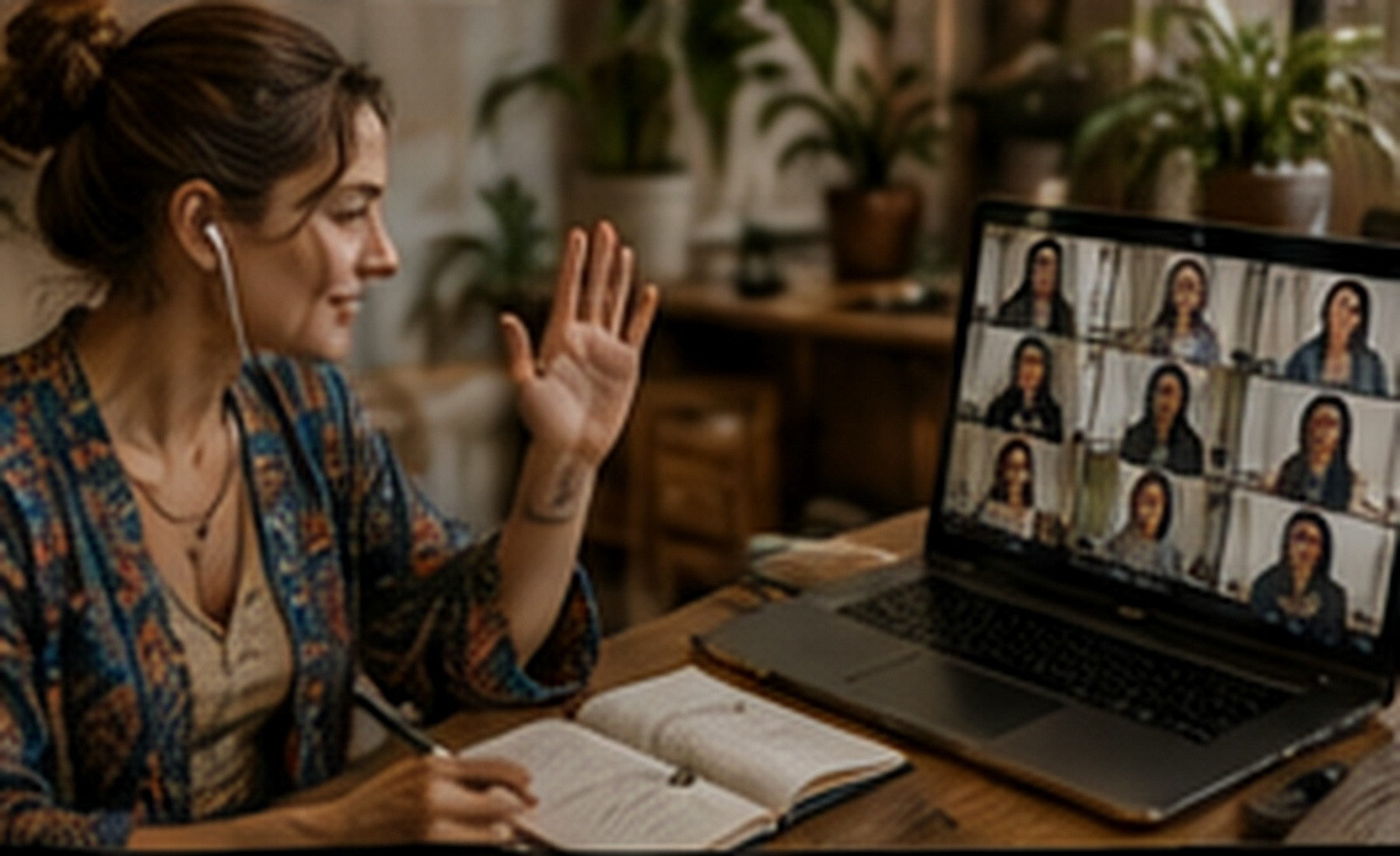 Participant engaging in a remote group session by video